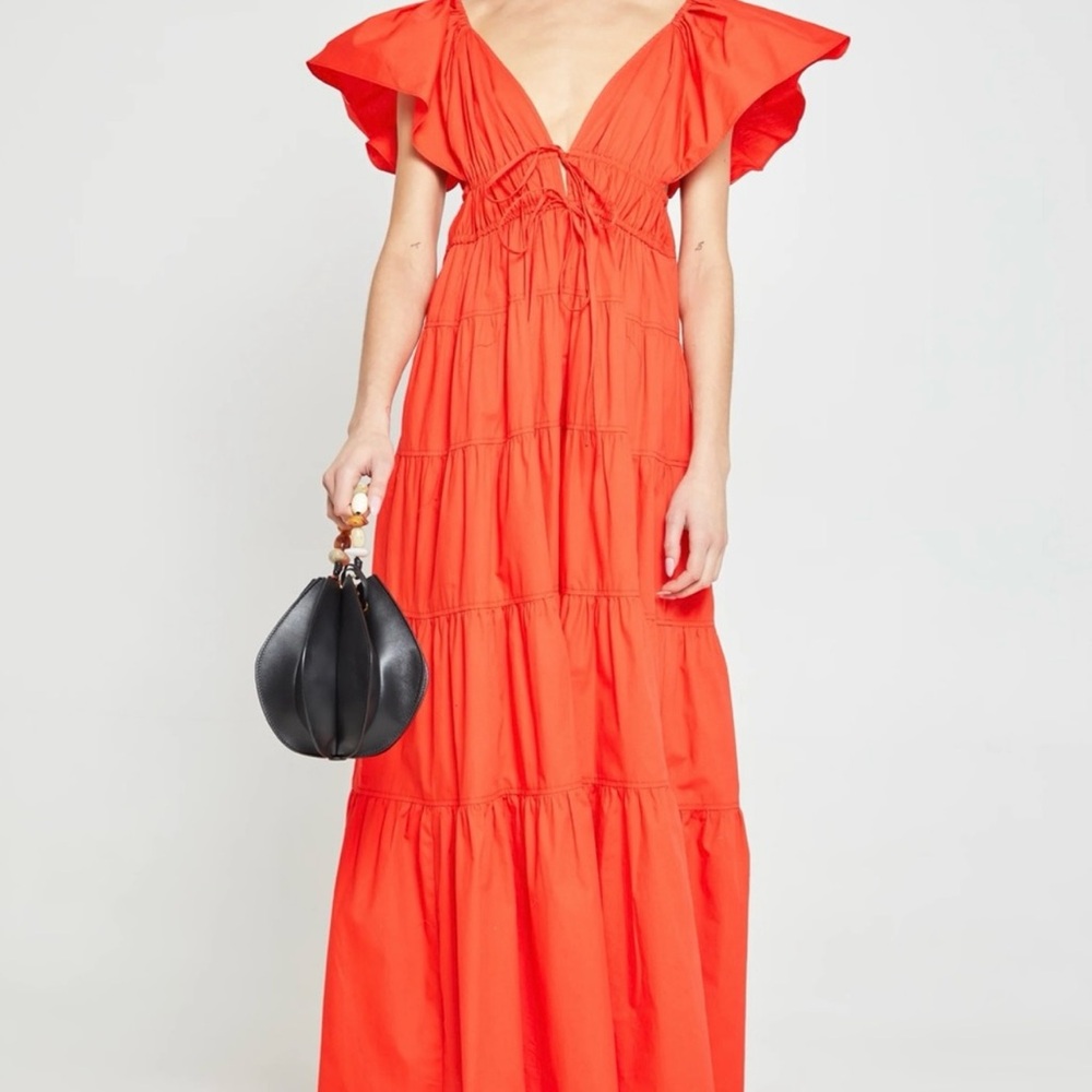 Orange Red Flutter Sleeve Tiered Midi Dress - Picture 3 of 8